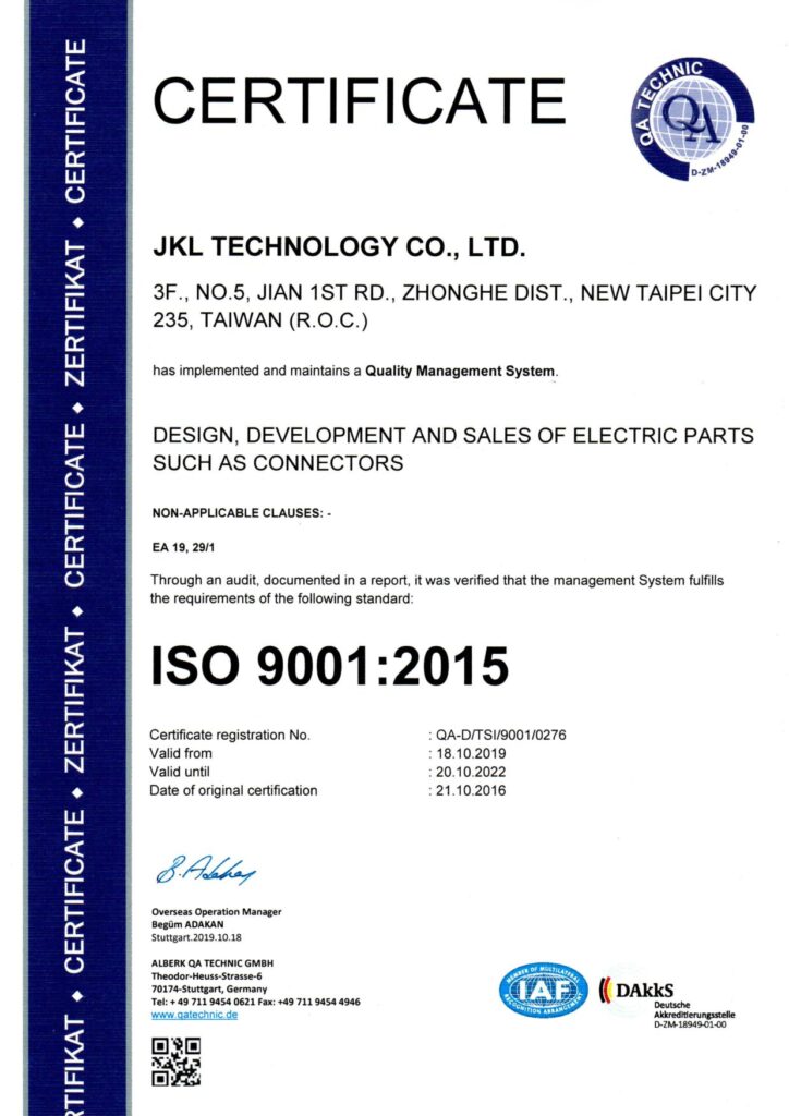JKL ISO9001-2015 certificate